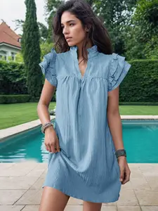 StyleCast Blue Mandarin Collar A-Line Dress