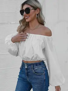 StyleCast Women Off-Shoulder Puff Sleeve Bardot Crop Top