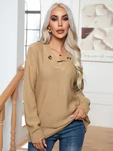 StyleCast Khaki V-Neck Acrylic Pullover