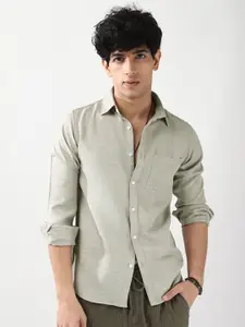 Urbano Fashion Men Beige Solid Linen Full Sleeve Relaxed Fit Casual Shirt
