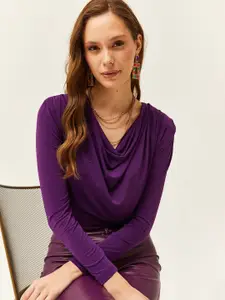 Olalook Women Purple Polyester Cowl Neck Top