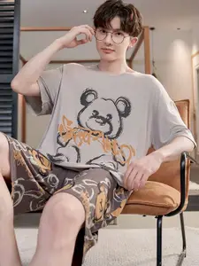 StyleCast Grey Printed Round Neck Short Sleeves Casual T-Shirt With Shorts