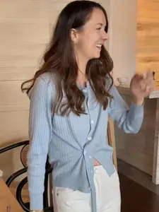 StyleCast Striped Mandarin Collar Woollen Shirt Style Sweater