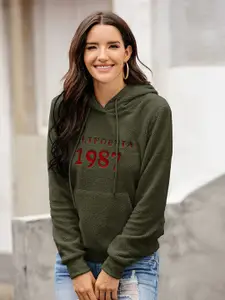 StyleCast Women Olive Green Printed Hooded Sweatshirt