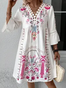 StyleCast White Floral Printed Bell Sleeves A-Line Dress