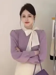 StyleCast Women Tie-Up Neck Cuffed Sleeves Top