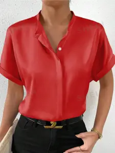 StyleCast Women Solid Satin Short Sleeves Opaque Casual Shirt
