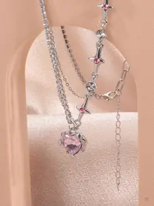 FIMBUL Stainless Steel Heart & Star Charm Stone-Studded Layered Necklace