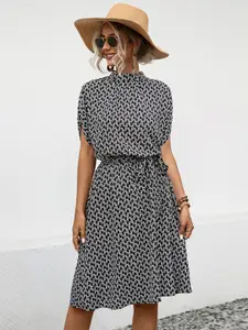 StyleCast x Revolte Black Polka Dot Printed Mock Neck Fit & Flare Dress