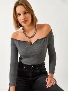 BIANCO LUCCI Solid Off-Shoulder Cotton Bardot Top