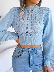 StyleCast Blue Cable Knit Self Design Crop Acrylic Pullover
