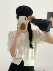 StyleCast Solid Round Neck Puff Sleeve Top