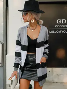 StyleCast Grey Striped Shawl Collar Long Sleeves Front-Open Sweater