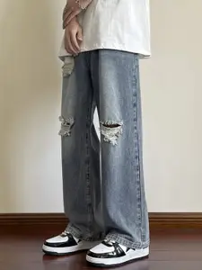 StyleCast x Revolte Men Wide Leg Slash Knee Light Fade Jeans