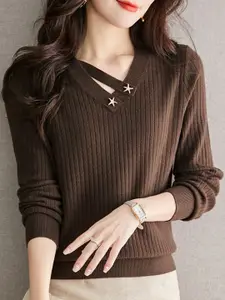 StyleCast Women Striped Winter Pullover with Embellished Detail