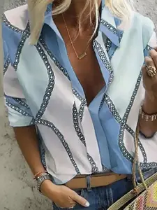 StyleCast Blue & White Tropical Print Shirt Collar Top