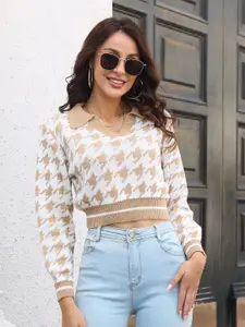 StyleCast Women Off White & Yellow Cable Knit Printed Crop Pullover