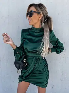 StyleCast Green Mock Neck Puff Sleeves Bodycon Mini Dress