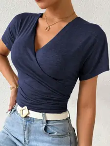 StyleCast Women Short Sleeves Wrap Crop Top