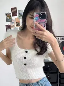 StyleCast Women Square Neck  Short Sleeves Woollen Crop Sweater