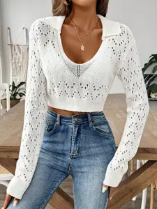 StyleCast x Revolte Women Self Design Shirt Collar Acrylic Top