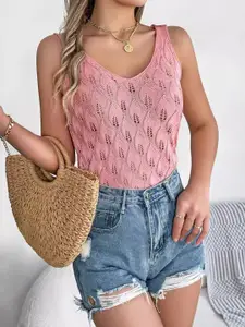 StyleCast x Revolte Self Design V-Neck Sleeveless Cotton Crochet Top