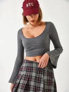 BIANCO LUCCI Women Round Neck Bell Sleeve Cotton Crop Top