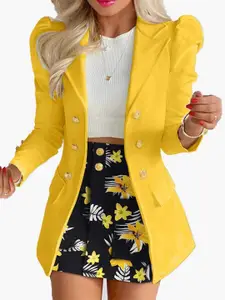KPOP Yellow Solid Blazer with Printed Shorts