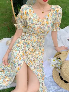 StyleCast Floral Print Puff Sleeve A-Line Polyester Midi Dress