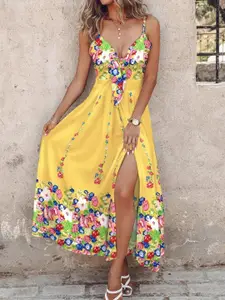 StyleCast Yellow Floral Printed Shoulder Straps Maxi Fit & Flare Dress