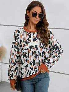 StyleCast White Abstract Printed Long Sleeves Pullover