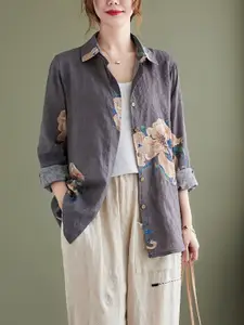 StyleCast Grey Floral Printed Spread Collar Cotton Casual Shirt