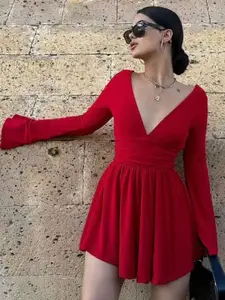 StyleCast Red V-neck Mini Fit & Flare Party Dress