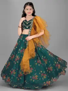 BAESD Girls Floral Printed Semi-Stitched Organza Lehenga & Unstitched Blouse With Dupatta