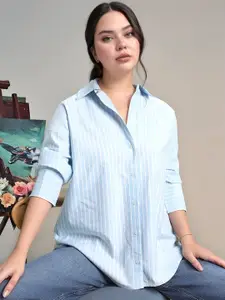 BAESD Women Comfort Oversized Fit Vertical Striped Spread Collar Cotton Casual Shirt