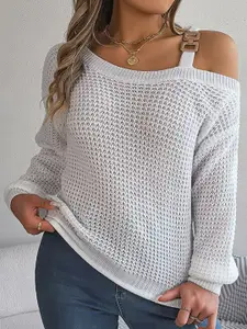 StyleCast White Open Knit Boat Neck Acrylic Pullover with Belted Detail
