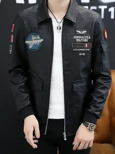 StyleCast x Revolte Men Spread Collar Graphic Printed PU Casual Windcheater Jacket