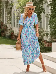 StyleCast Turquoise Blue Floral Printed V Neck Flared Sleeve Maxi Dress