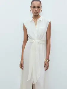 MANGO Self Striped Belted Shirt Midi Dress