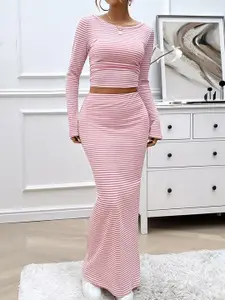 StyleCast x Revolte Pink & White Striped Round Neck Top & Skirt Set