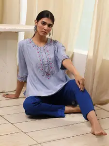 Biba Floral Yoke Design Round Neck Thread Work A-Line Kurti