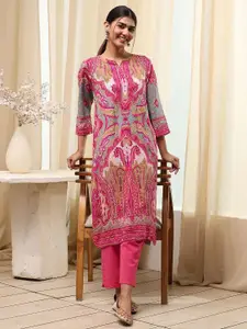 Biba Ethnic Motifs Printed Notch Neck Straight Kurta