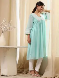 Biba Geometric Embroidered V-Neck Mirror Work Empire A-Line Kurta