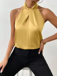 StyleCast Women Solid Yellow Halter Neck Sleeveless Satin Top