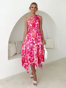 StyleCast Pink Abstract Printed One Shoulder A-Line Midi Dress