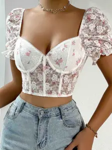 StyleCast Floral Print Puff Sleeve Styled Back Crop Top