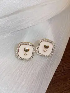 VAGHBHATT Gold-Plated Crystals Studded Accents Ivory Square Tulip Studs