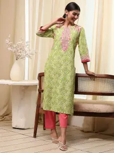Biba Floral Printed Round Neck Pure Cotton Straight Kurta