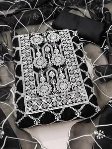 Panzora Floral Embroidered Thread Work Organza Unstitched Dress Material