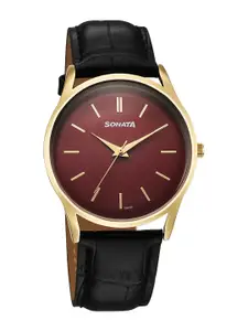 Sonata Men Brass Dial & Leather Straps Analogue Watch 77140YL02